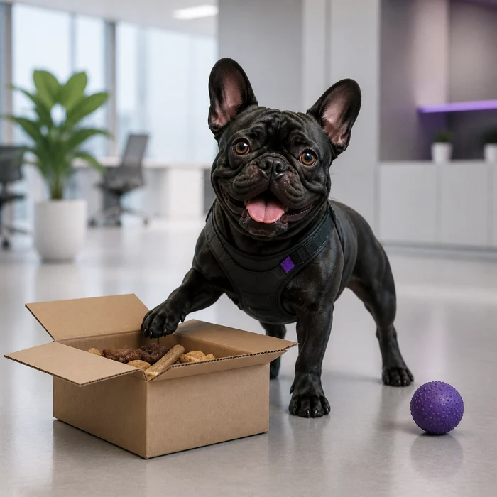 Frenchie, Agent Army's original French bulldog mascot, on snack duty